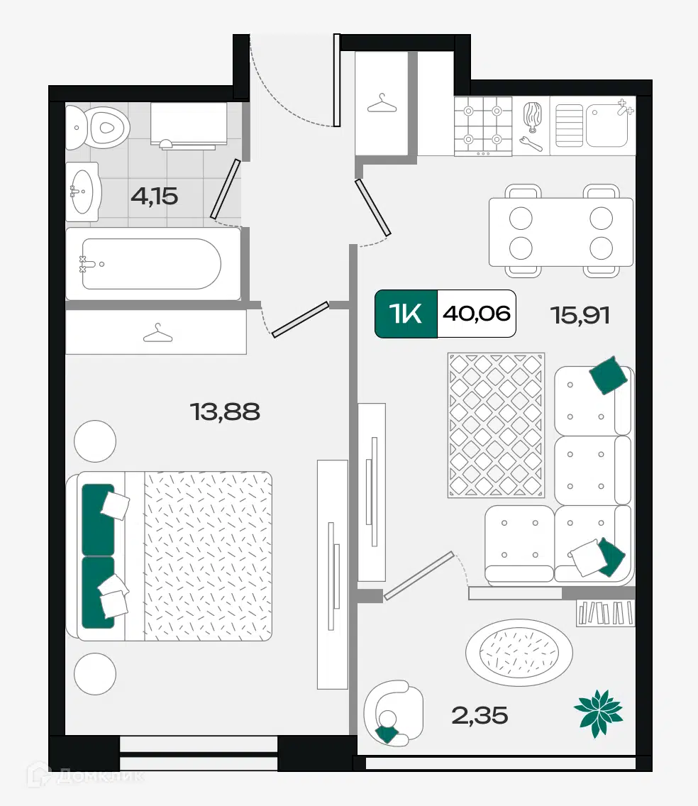 Планировка: 1-комн. квартира 40.25 м² в новостройке Народные Кварталы