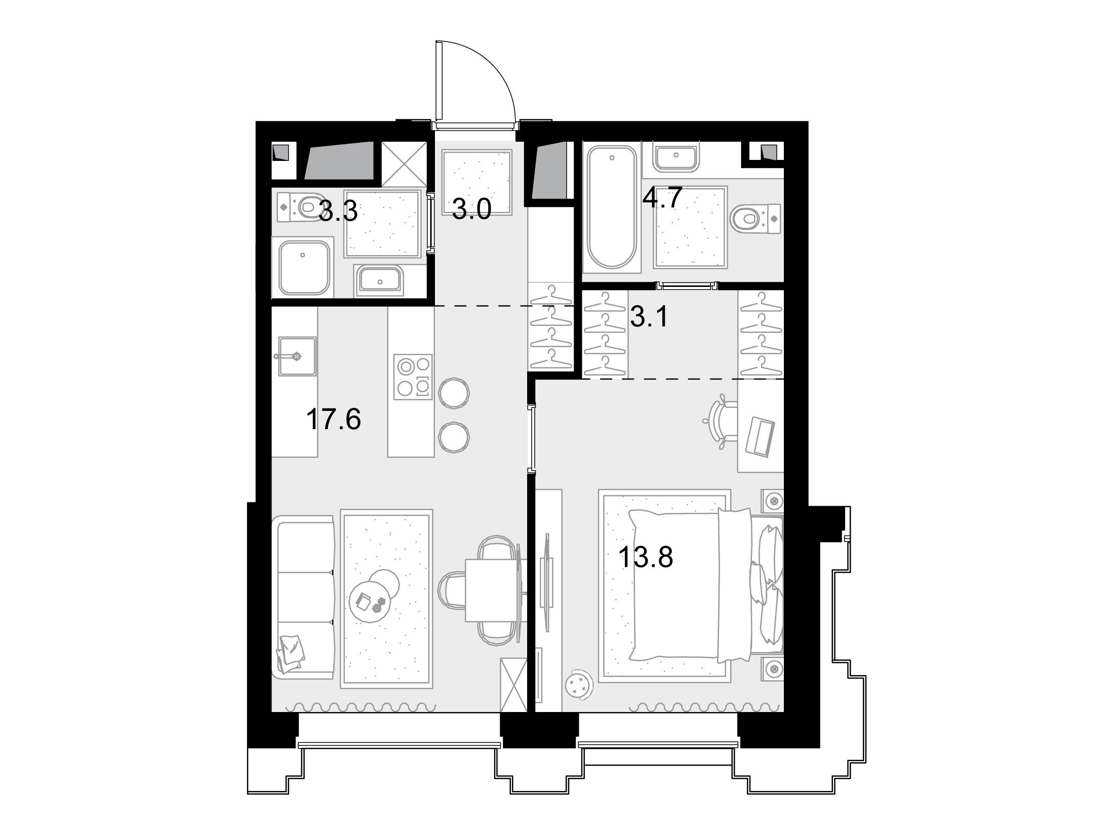 Планировка: 1-комн. квартира 45.50 м² в новостройке Высотка на Жукова