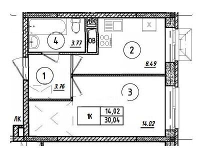 Планировка: 1-комн. квартира 30.04 м² в новостройке Парковый