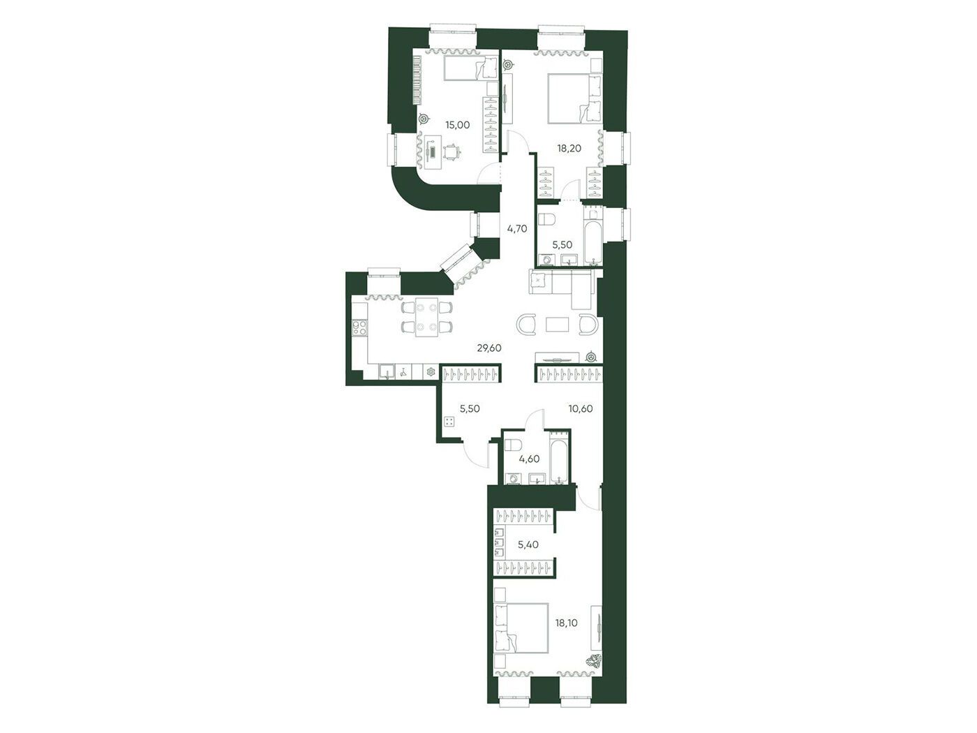 Планировка: 3-комн. квартира 117.20 м² в новостройке Моисеенко 10