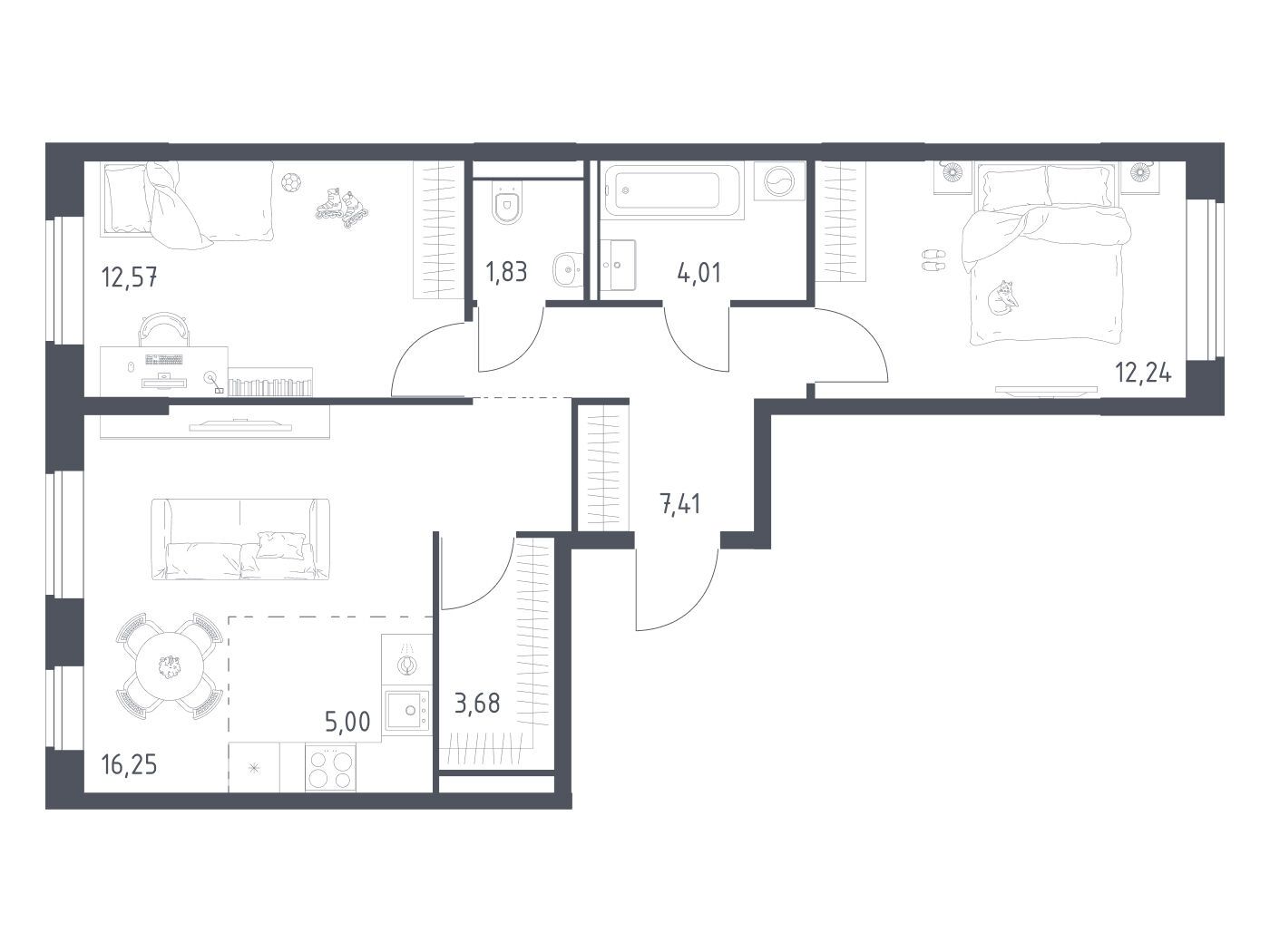 Планировка: 2-комн. квартира 62.99 м² в новостройке Квартал Домашний