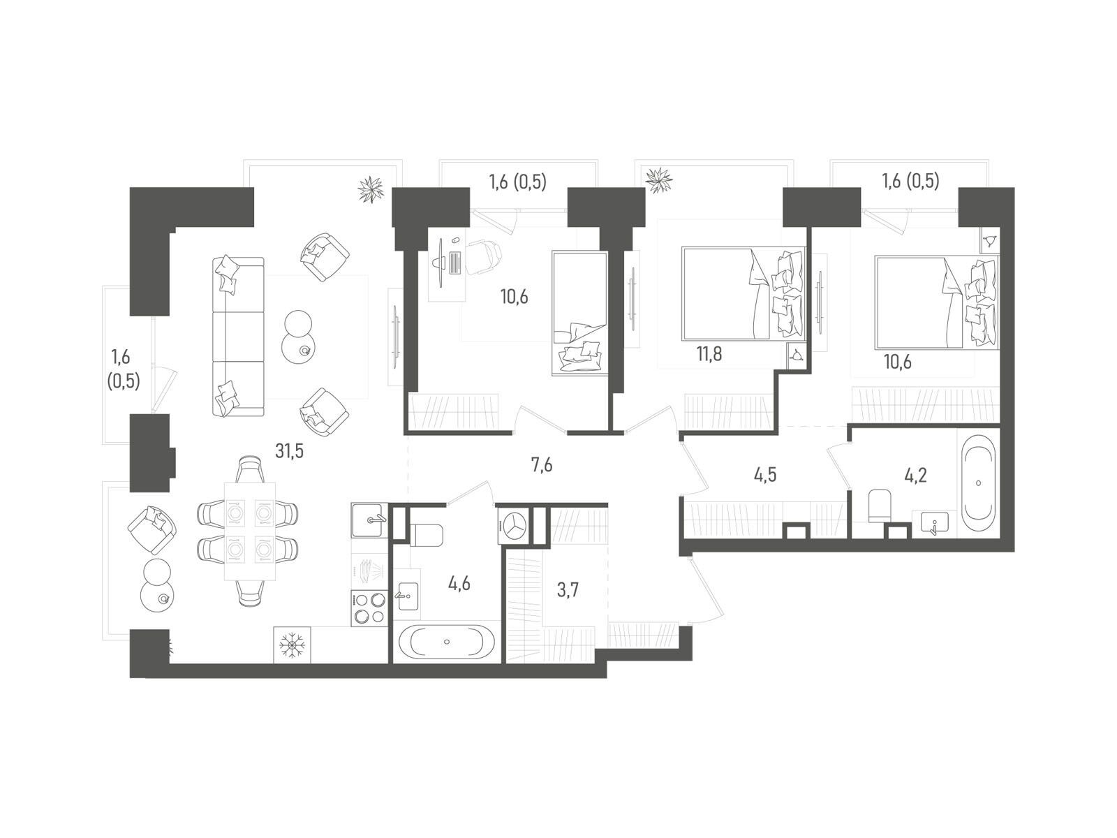Планировка: 3-комн. квартира 90.60 м² в новостройке Татум