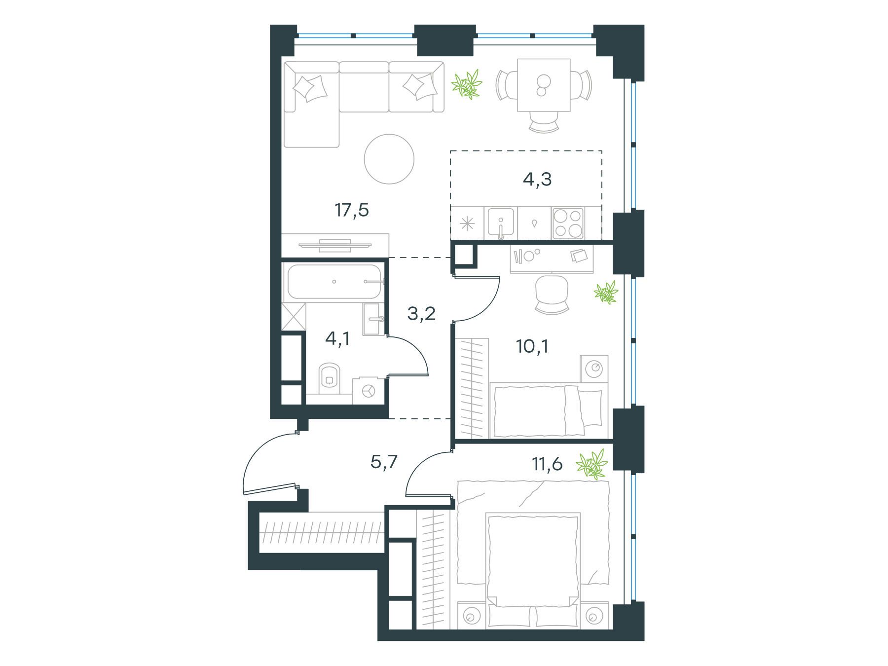 Планировка: 3-комн. квартира 56.50 м² в новостройке Левел Звенигородская