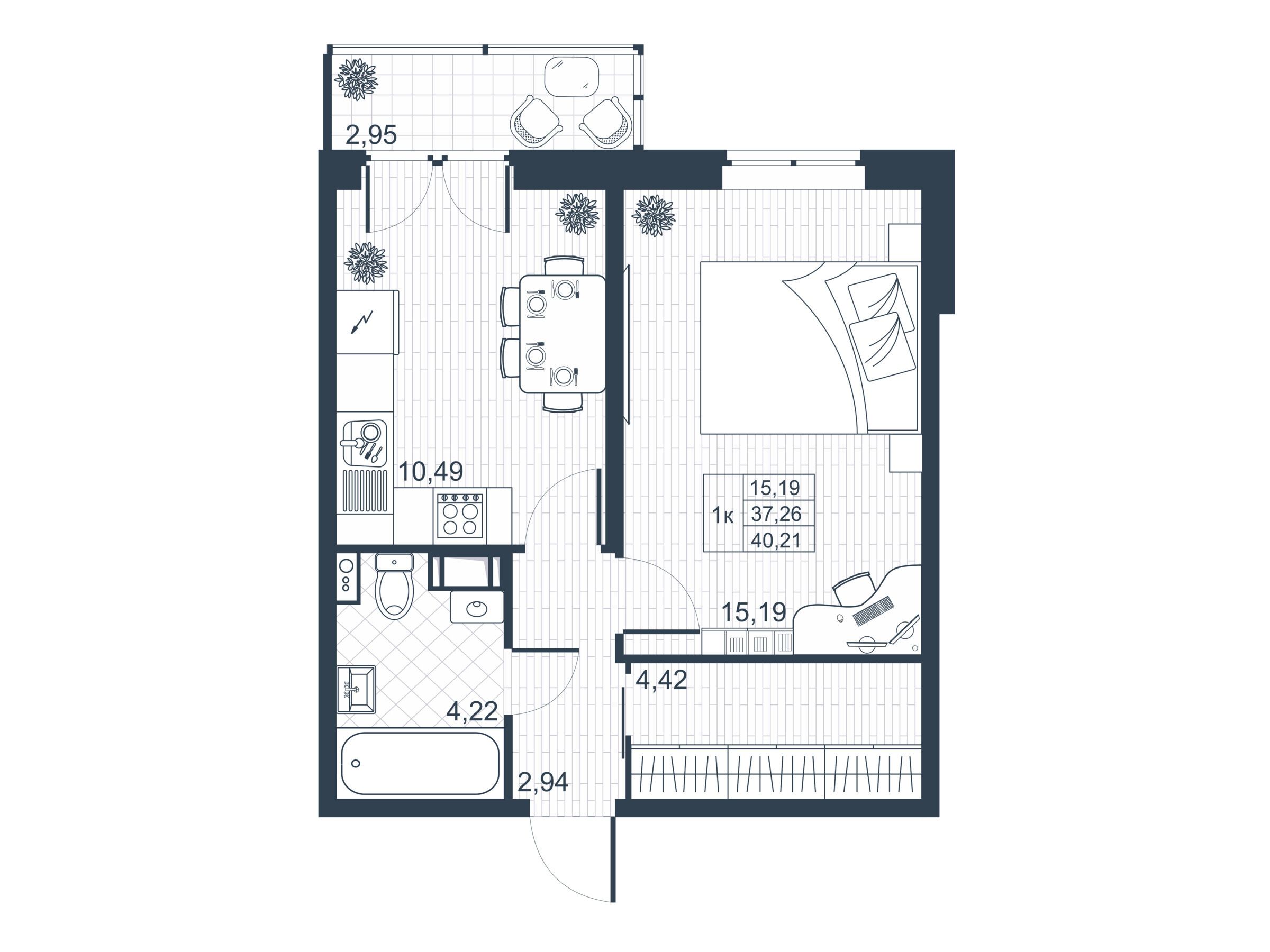 Планировка: 1-комн. квартира 37.20 м² в новостройке Ново-Антропшино