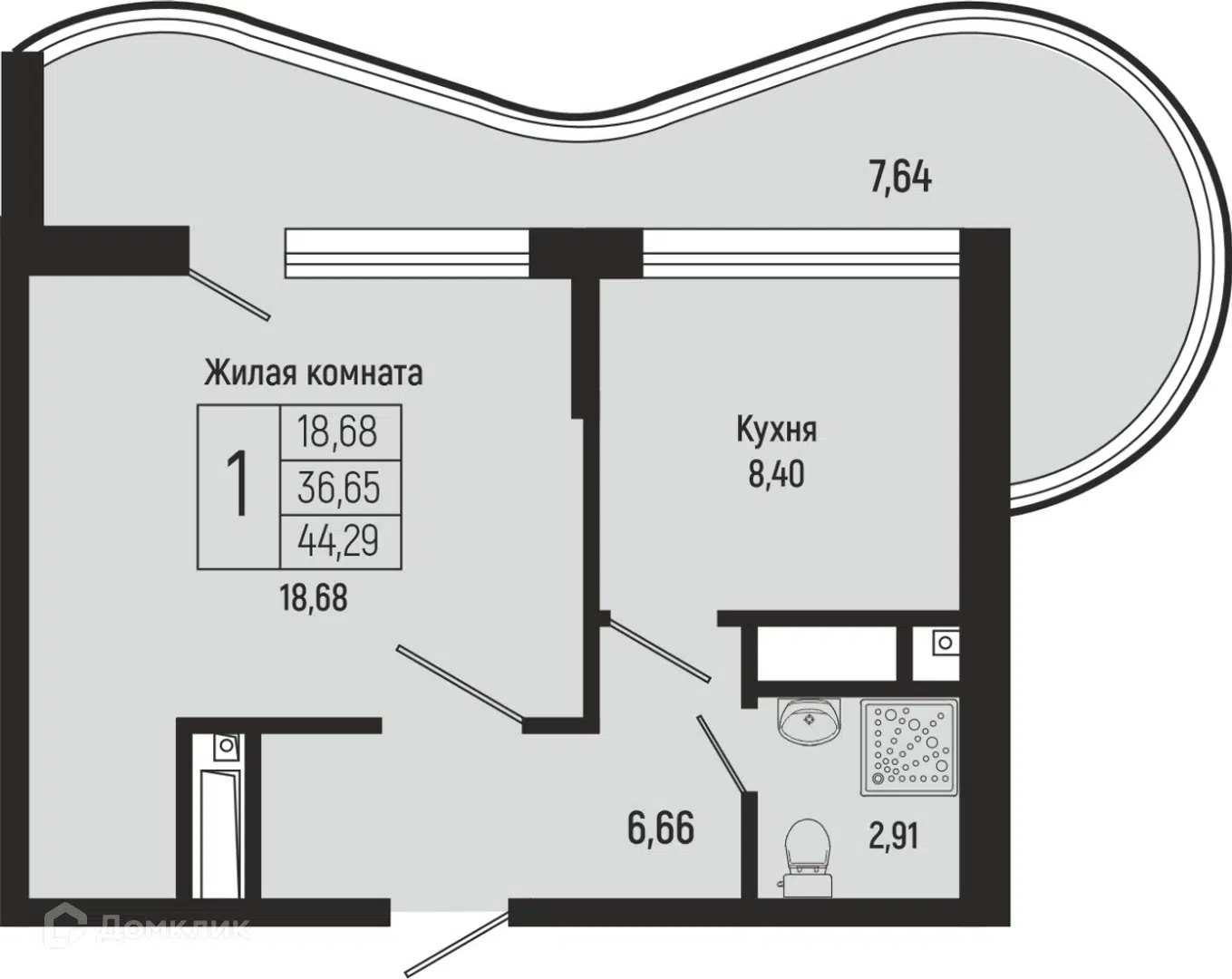 Планировка: 1-комн. квартира 44.00 м² в новостройке Сан Хилс Ольгинка