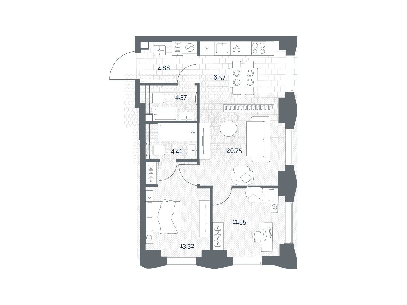 Планировка: 2-комн. квартира 65.85 м² в новостройке Тейт