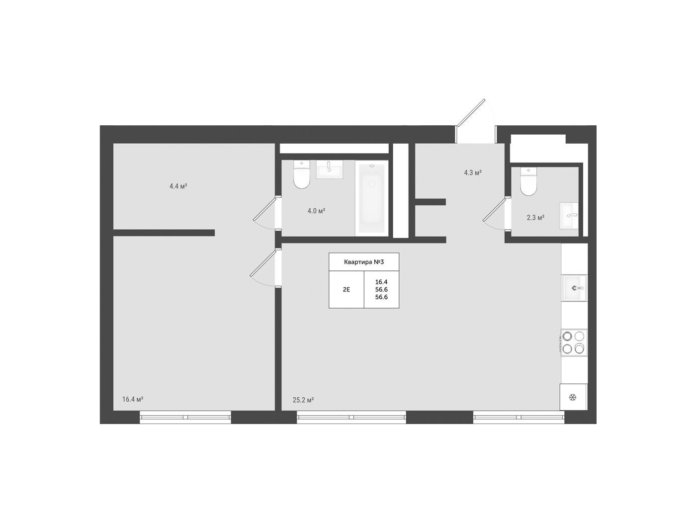 Планировка: 2-комн. квартира 56.60 м² в новостройке Яковлево