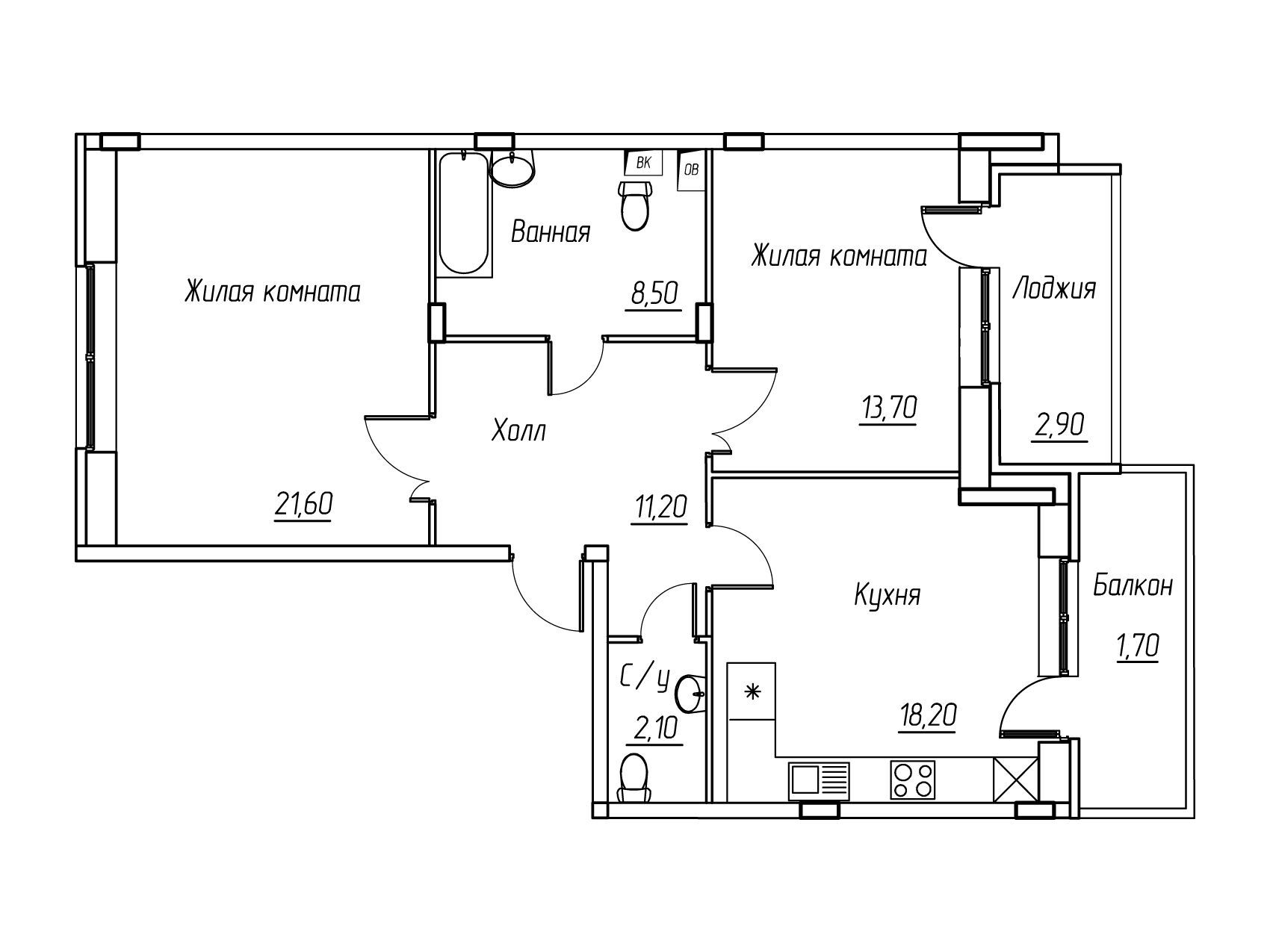 Планировка: 2-комн. квартира 80.70 м² в новостройке Ангелово-Резиденц