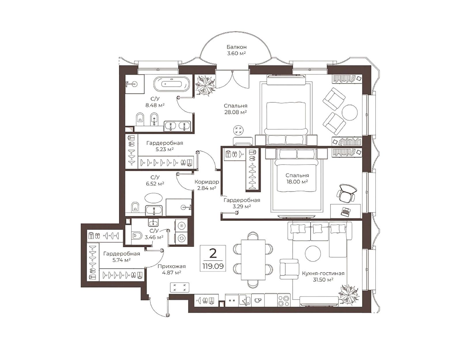 Планировка: 2-комн. квартира 119.08 м² в новостройке Клубный дом Воронцовъ