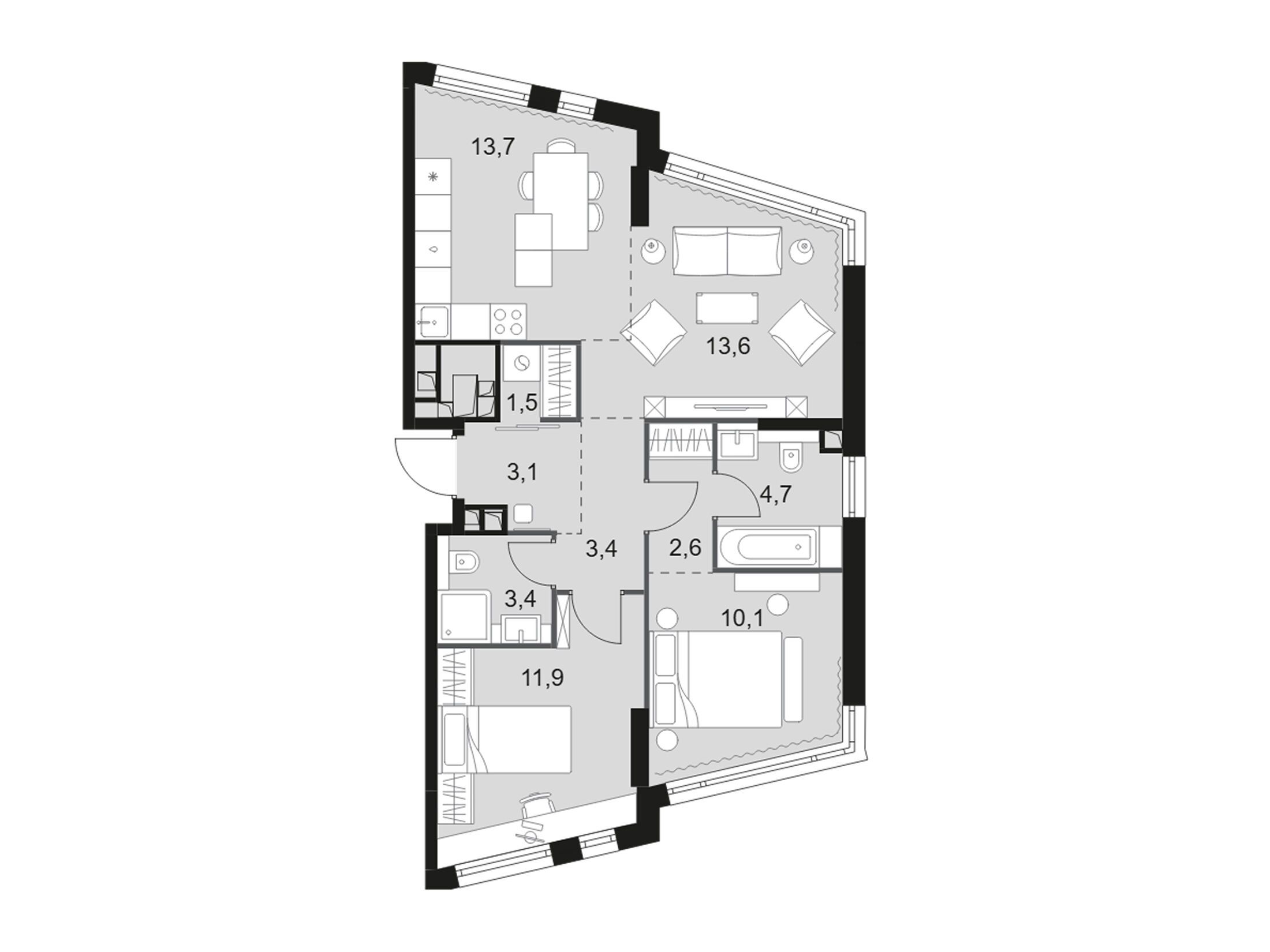 Планировка: 3-комн. квартира 68.00 м² в новостройке Роттердам
