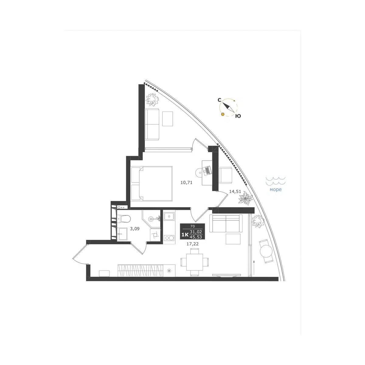Планировка: 1-комн. квартира 45.53 м² в новостройке Апарт-комплекс Паруса мечты