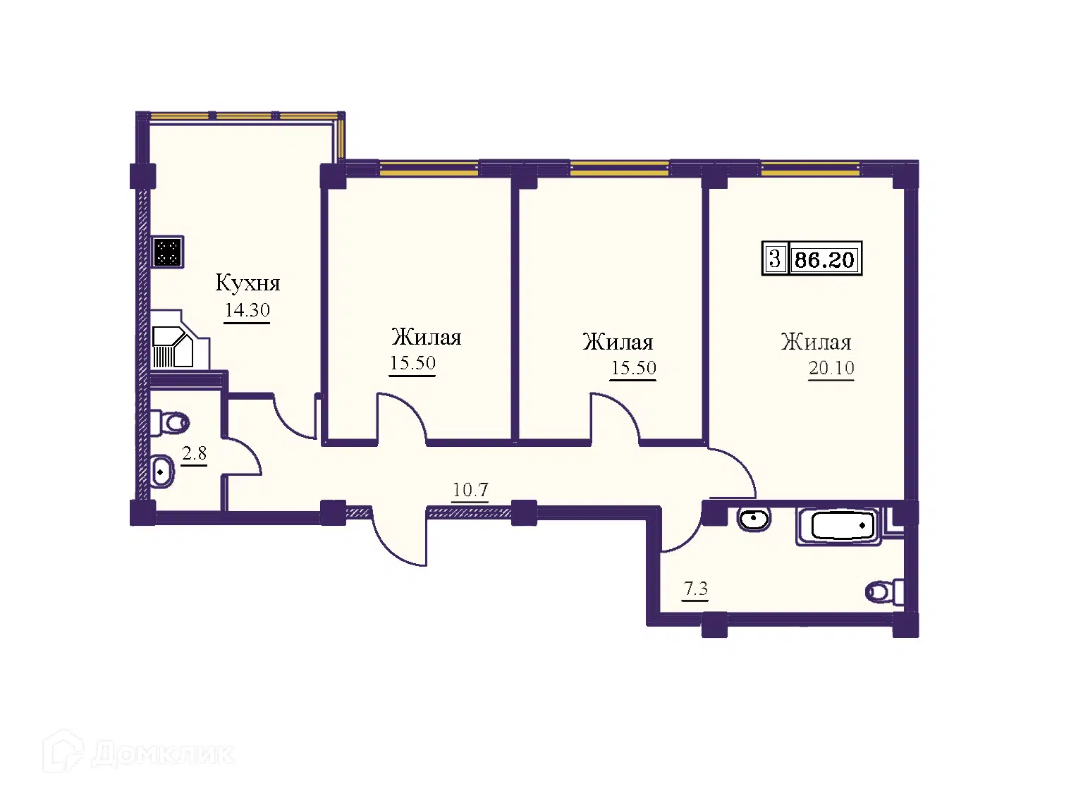 Планировка: 3-комн. квартира 86.20 м² в новостройке Новый город