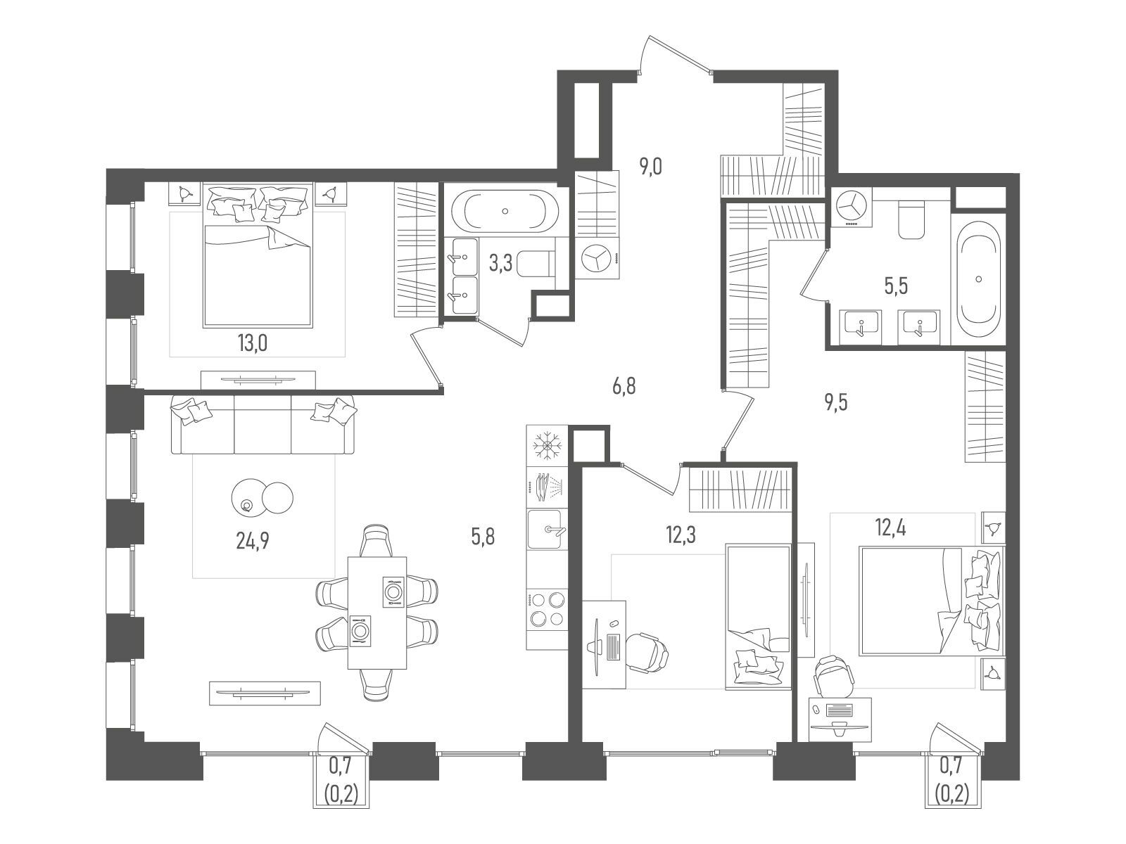 Планировка: 3-комн. квартира 102.90 м² в новостройке ЖК Пейв
