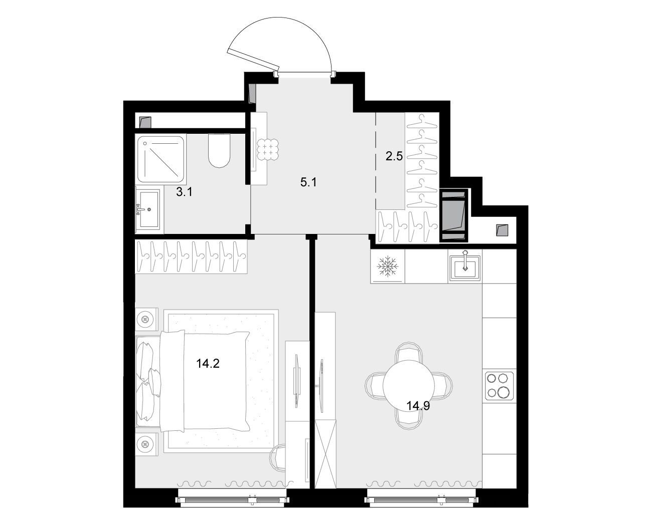 Планировка: 1-комн. квартира 39.70 м² в новостройке Малевич