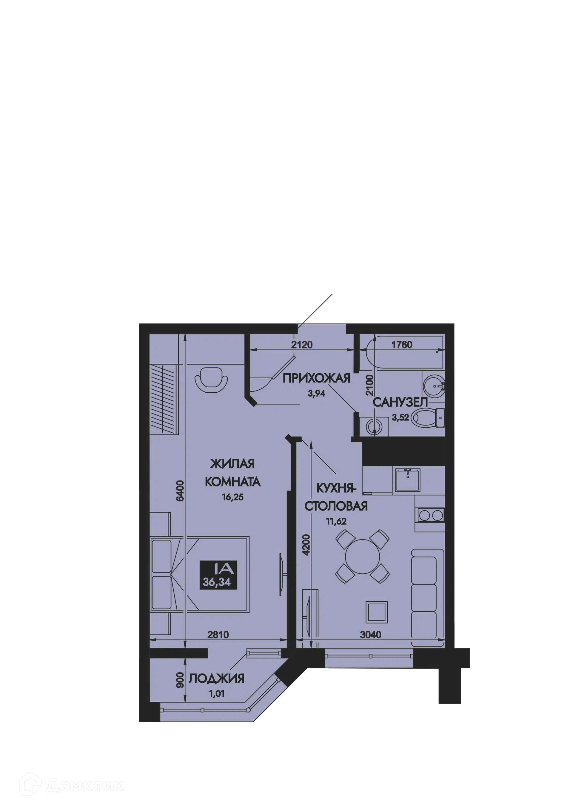 Планировка: 1-комн. квартира 36.34 м² в новостройке Вершины