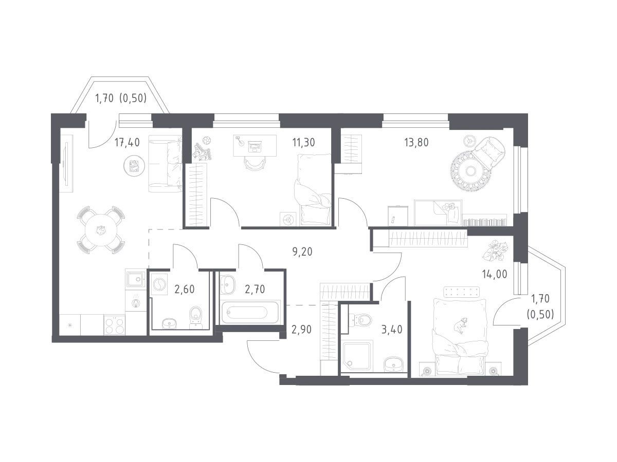 Планировка: 3-комн. квартира 78.30 м² в новостройке Химки парк