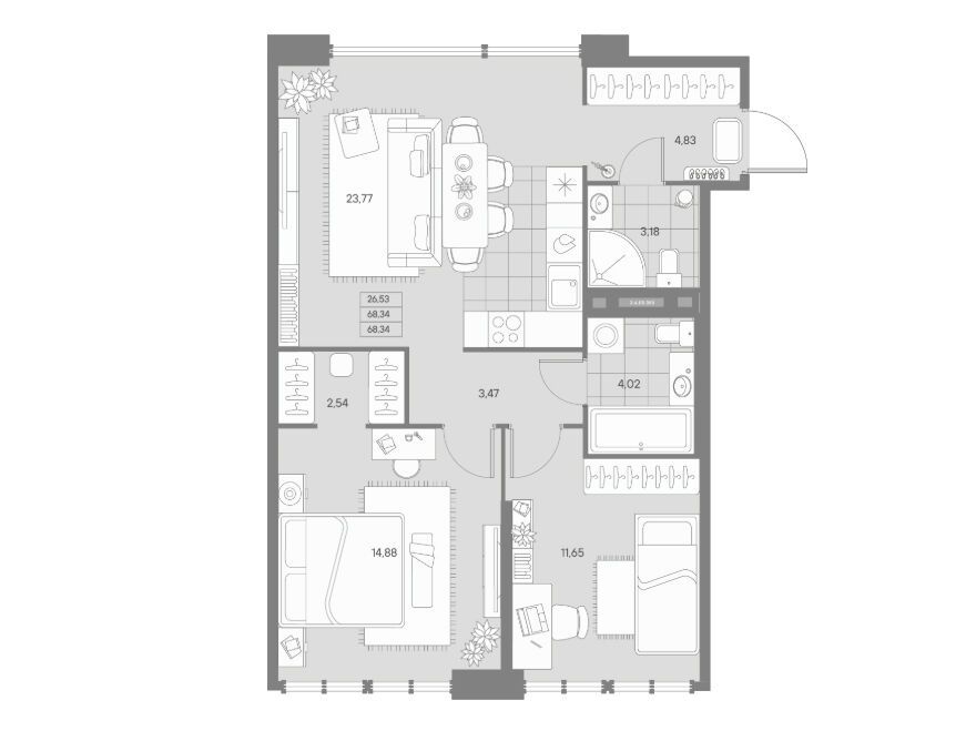 Планировка: 2-комн. квартира 68.34 м² в новостройке Авант