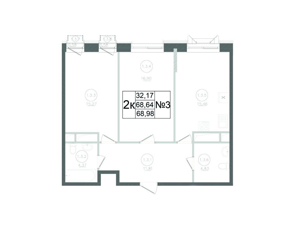 Планировка: 2-комн. квартира 68.98 м² в новостройке Авиатор-2