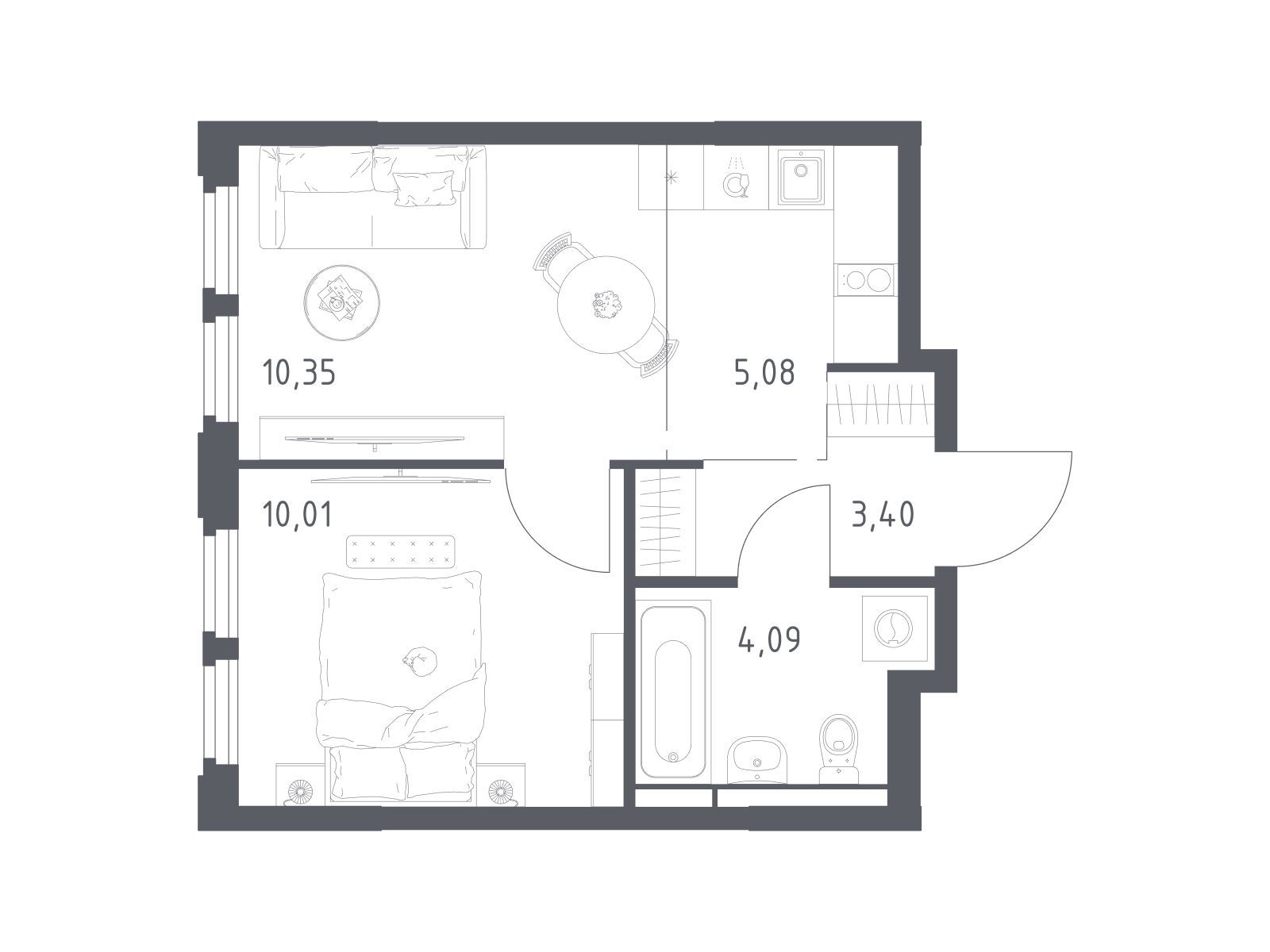 Планировка: 1-комн. квартира 32.93 м² в новостройке Космический квартал