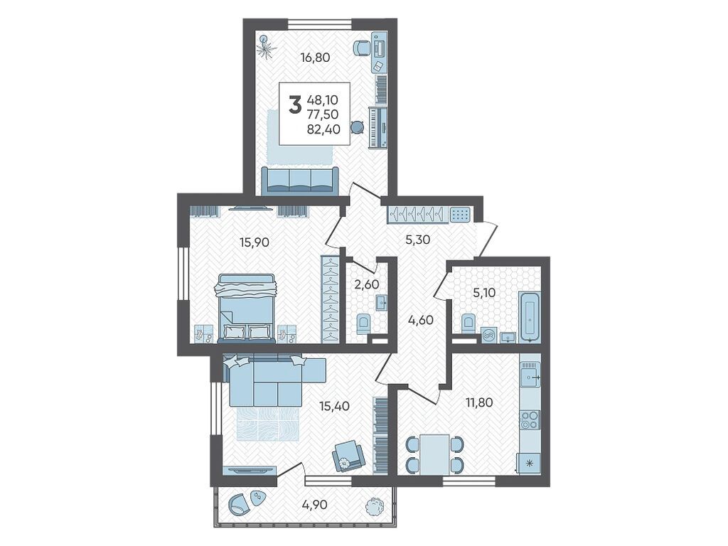 Планировка: 3-комн. квартира 82.40 м² в новостройке ЖК Горный квартал