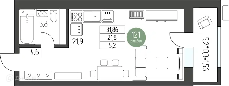 Планировка: Студия 31.86 м² в новостройке Лермонтов