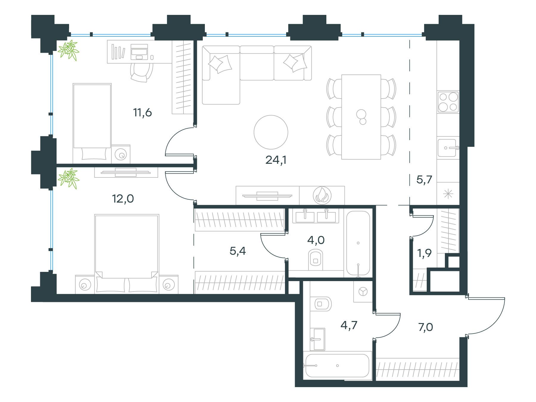 Планировка: 3-комн. квартира 76.40 м² в новостройке Левел Бауманская