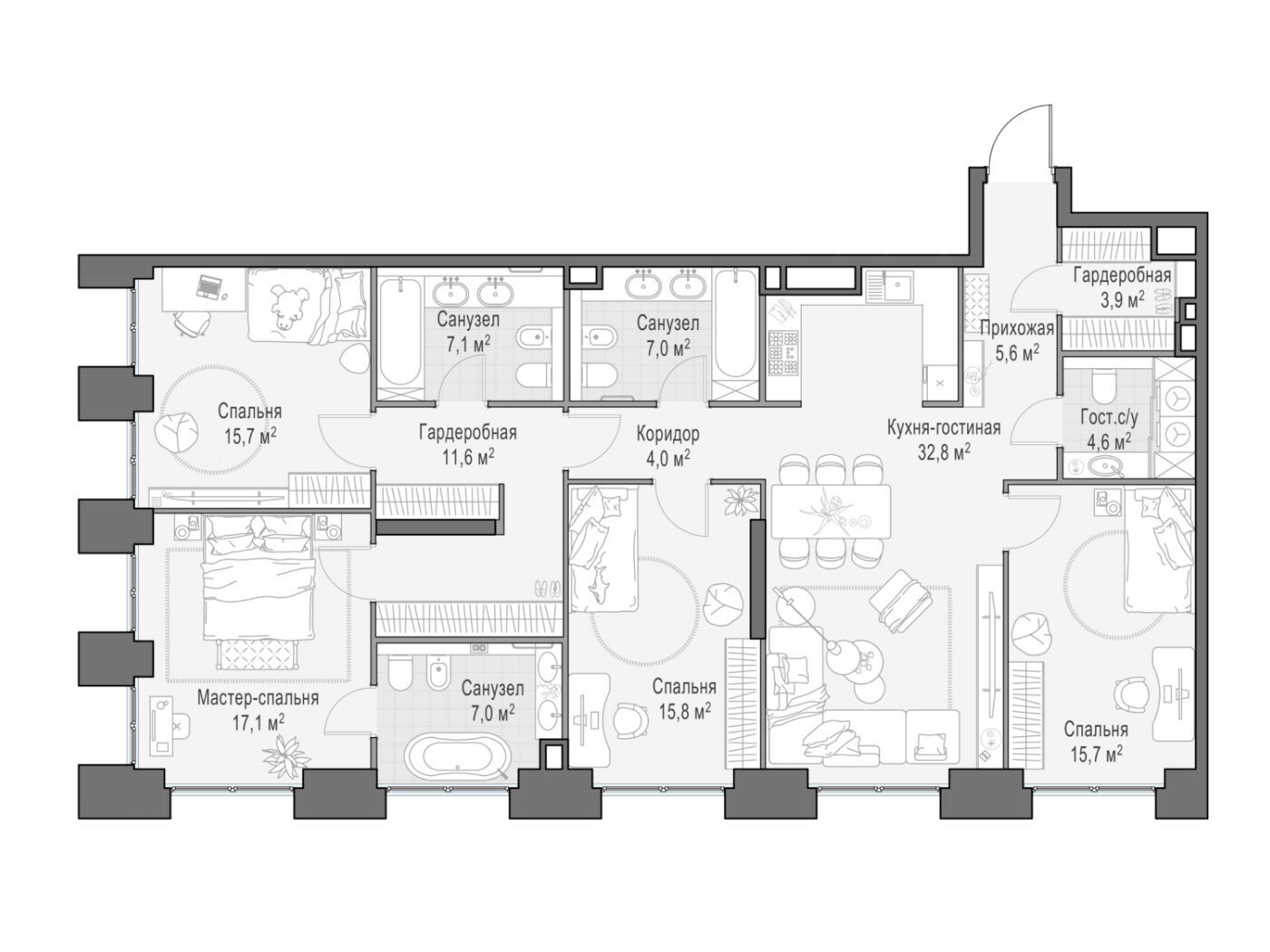 Планировка: 4-комн. квартира 148.70 м² в новостройке Лайф тайм