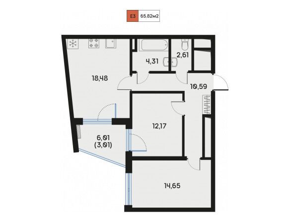 Планировка: 2-комн. квартира 66.16 м² в новостройке Дом Регенбоген