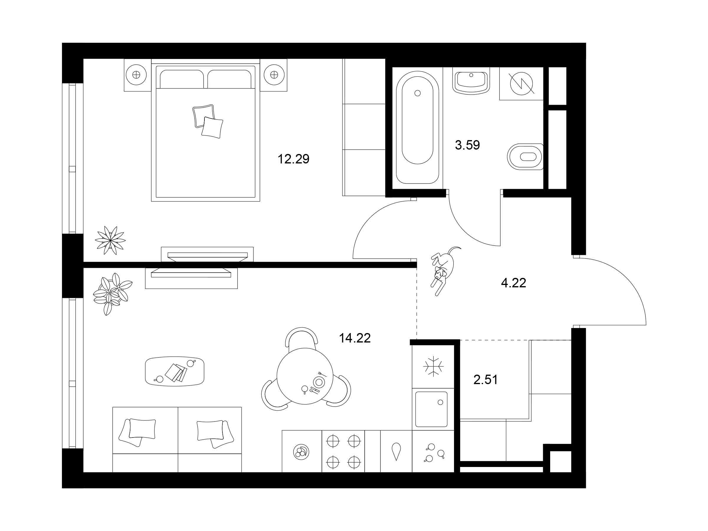 Планировка: 1-комн. квартира 36.83 м² в новостройке Квартал Мит