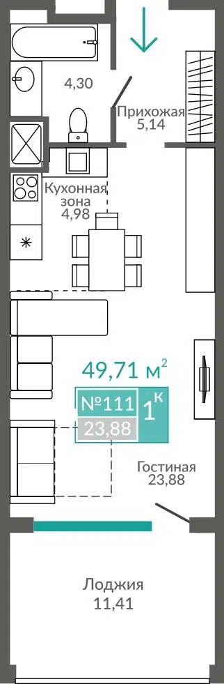 Планировка: Студия 49.71 м² в новостройке ЖК Золотые пески