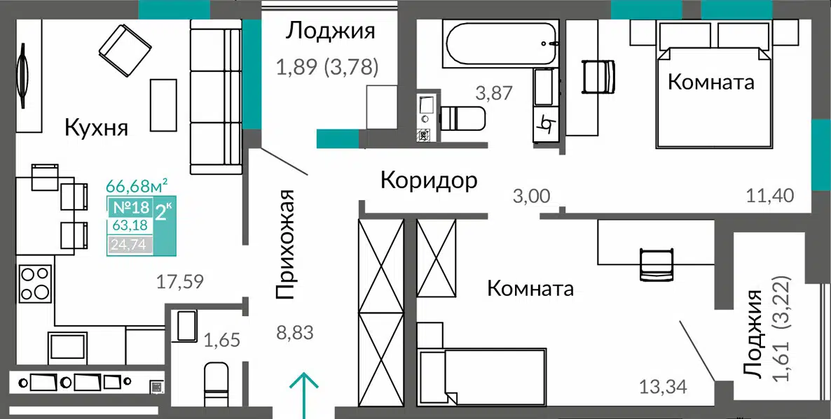 Планировка: 2-комн. квартира 63.18 м² в новостройке Горизонты