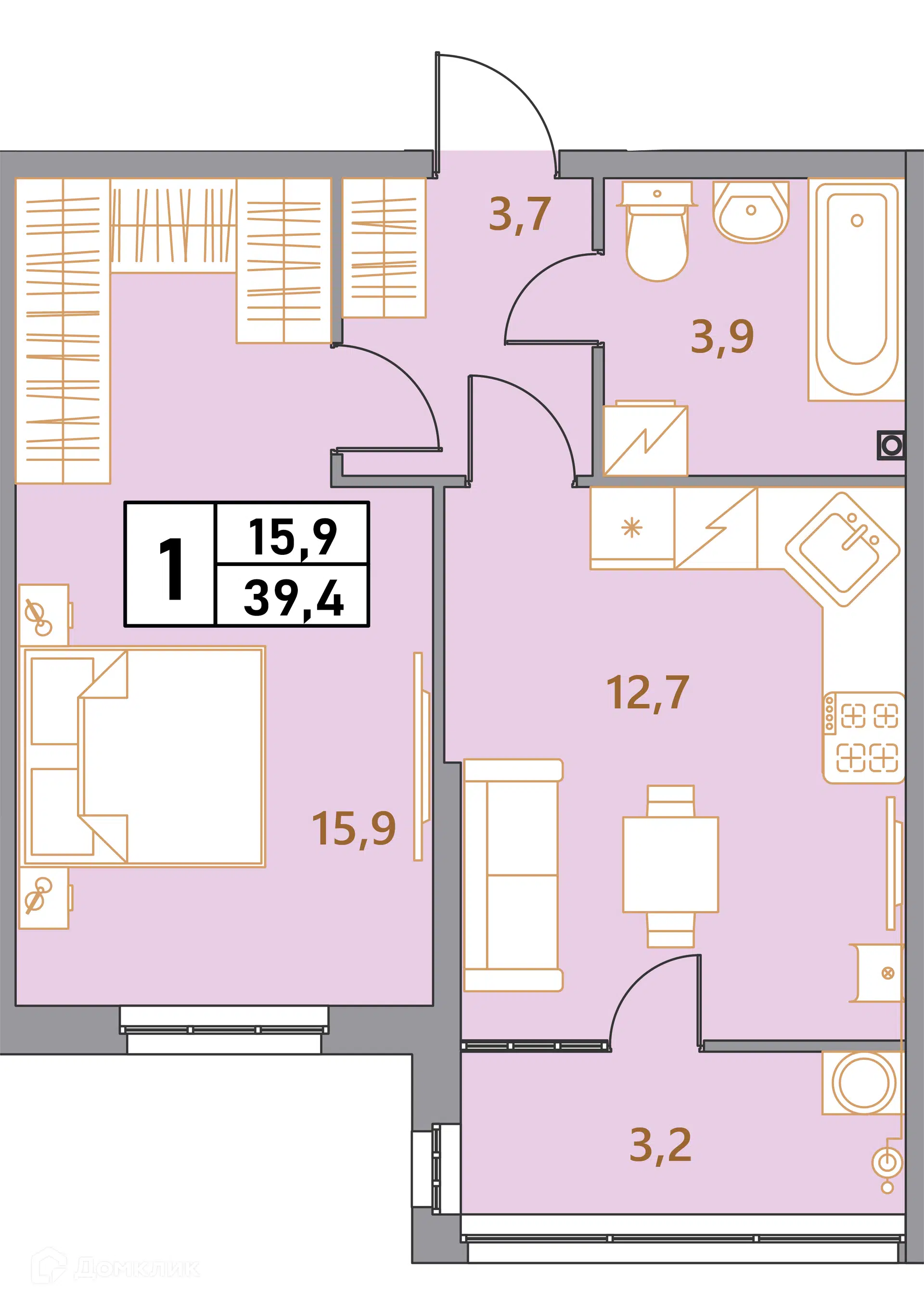 Планировка: 1-комн. квартира 39.40 м² в новостройке Фруктовый сад