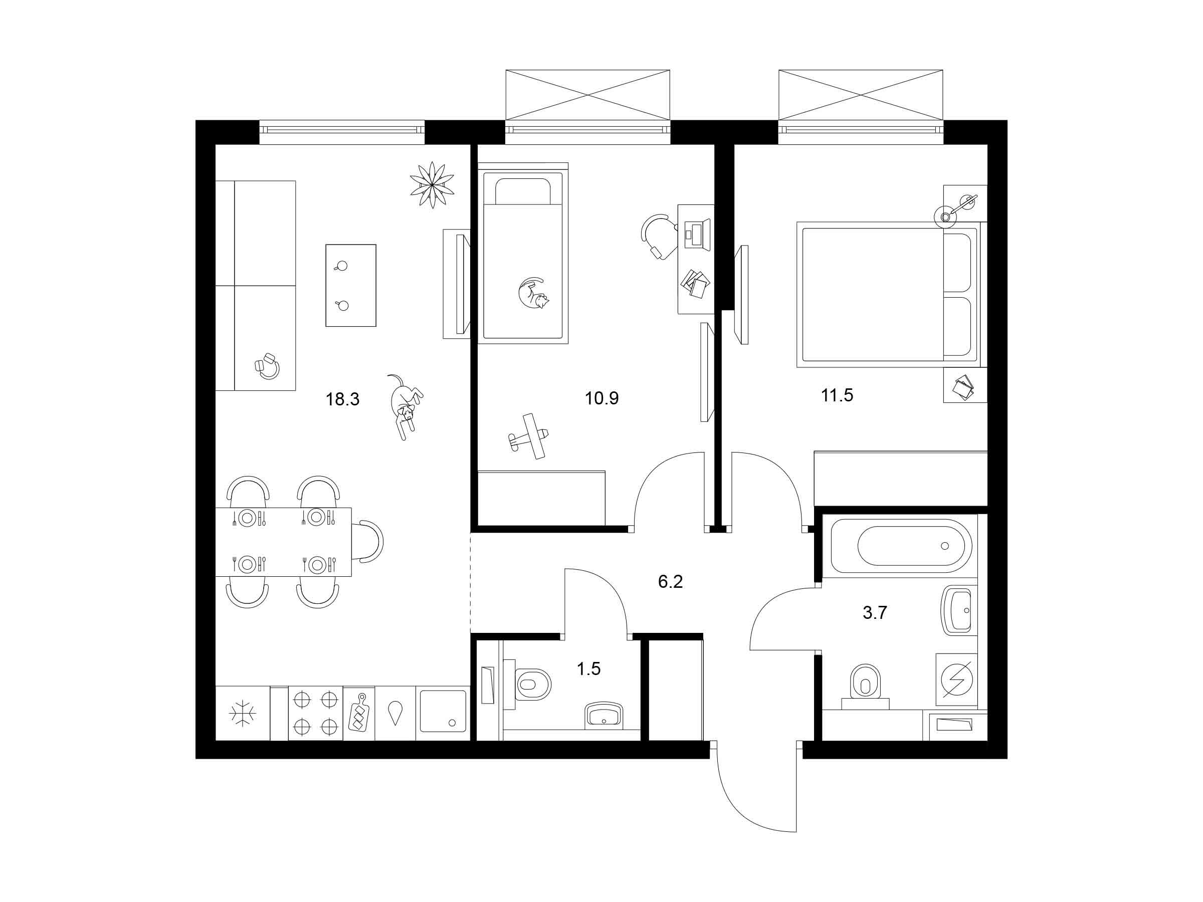 Планировка: 2-комн. квартира 52.10 м² в новостройке Томилинский бульвар