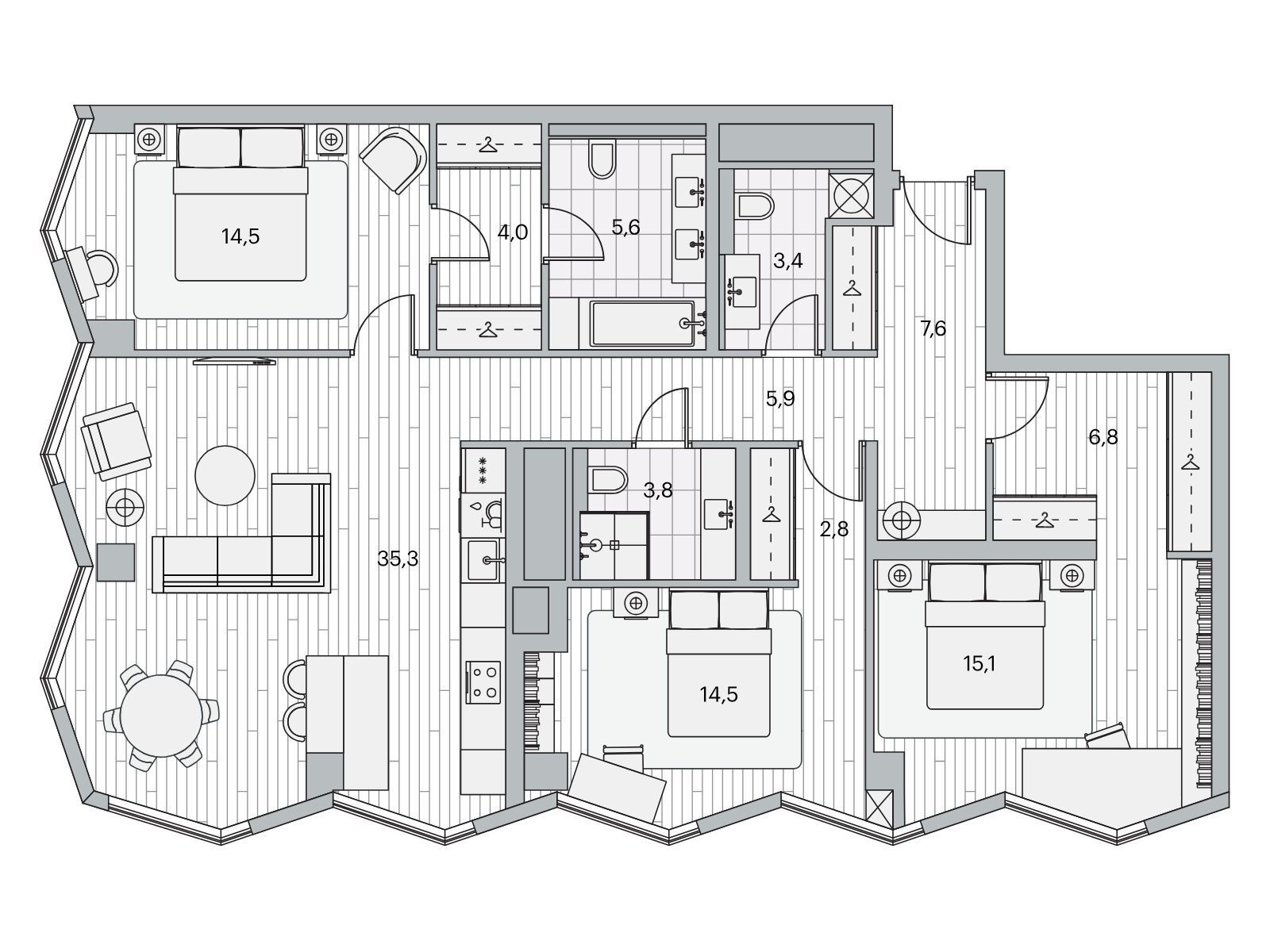 Планировка: 3-комн. квартира 117.00 м² в новостройке Береговой-2