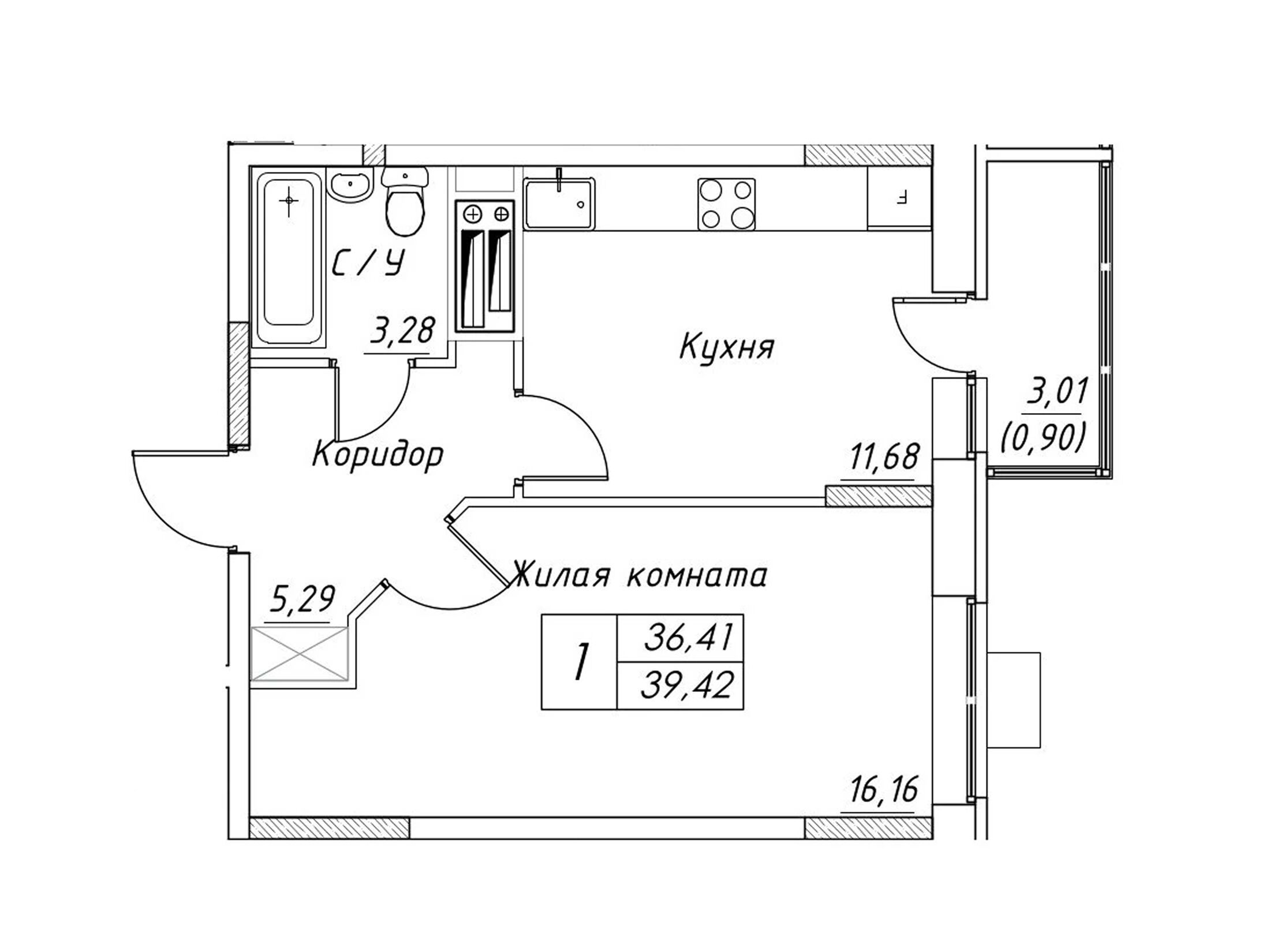 Планировка: 1-комн. квартира 39.42 м² в новостройке Большевик (Дмитров)