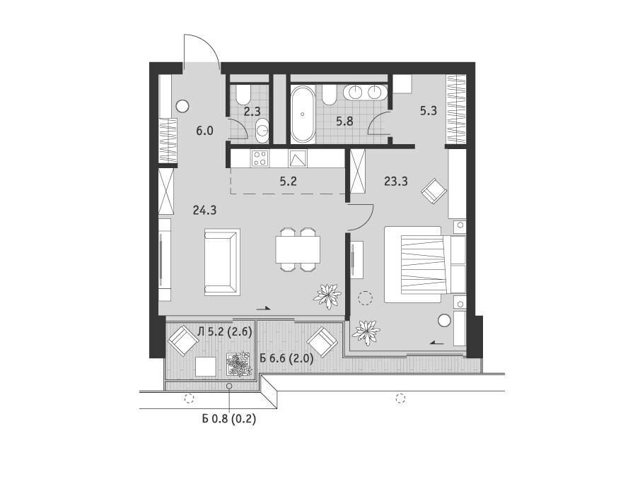 Планировка: 2-комн. квартира 77.00 м² в новостройке Бадаевский