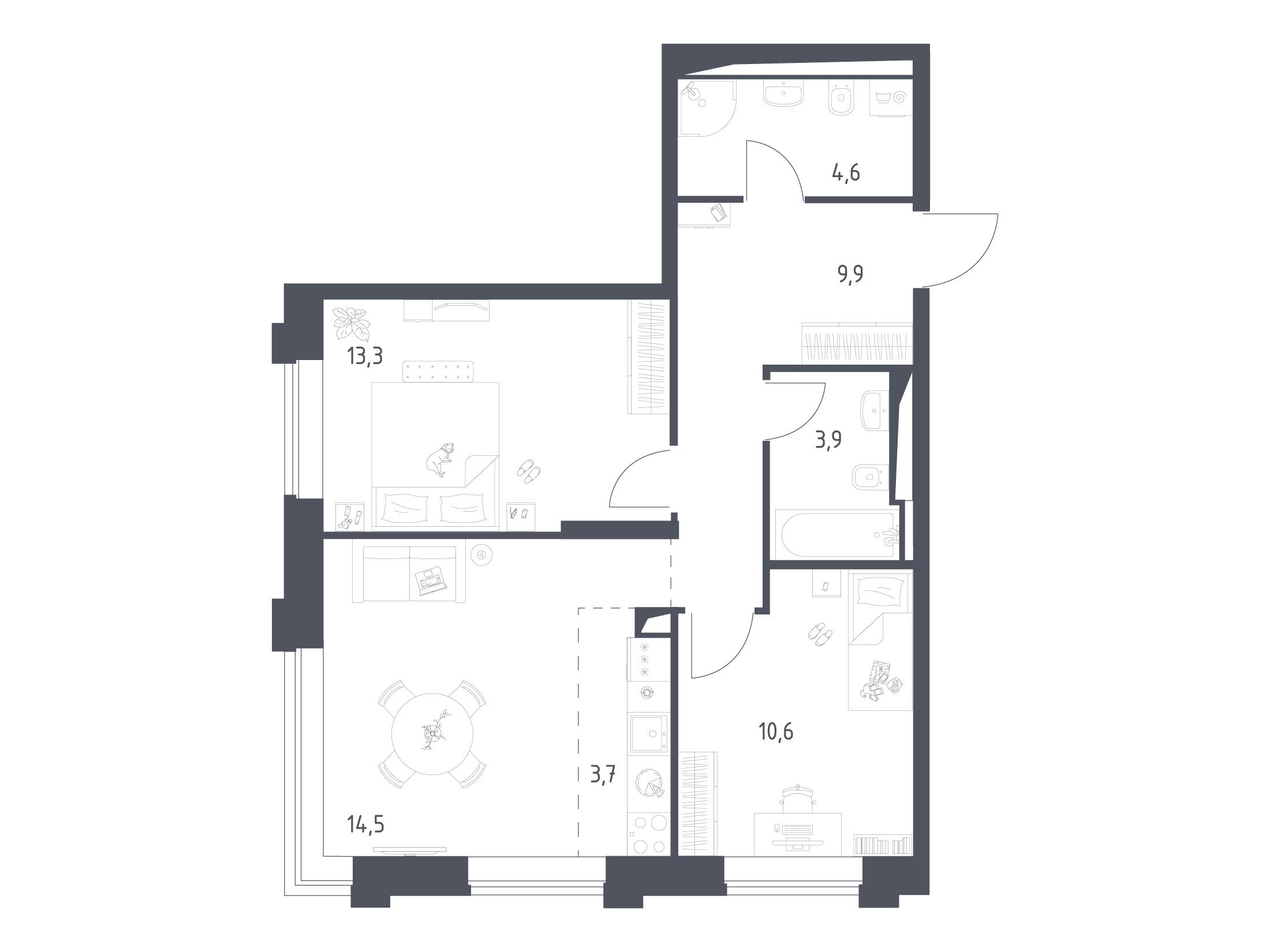 Планировка: 2-комн. квартира 60.43 м² в новостройке Верейская 41