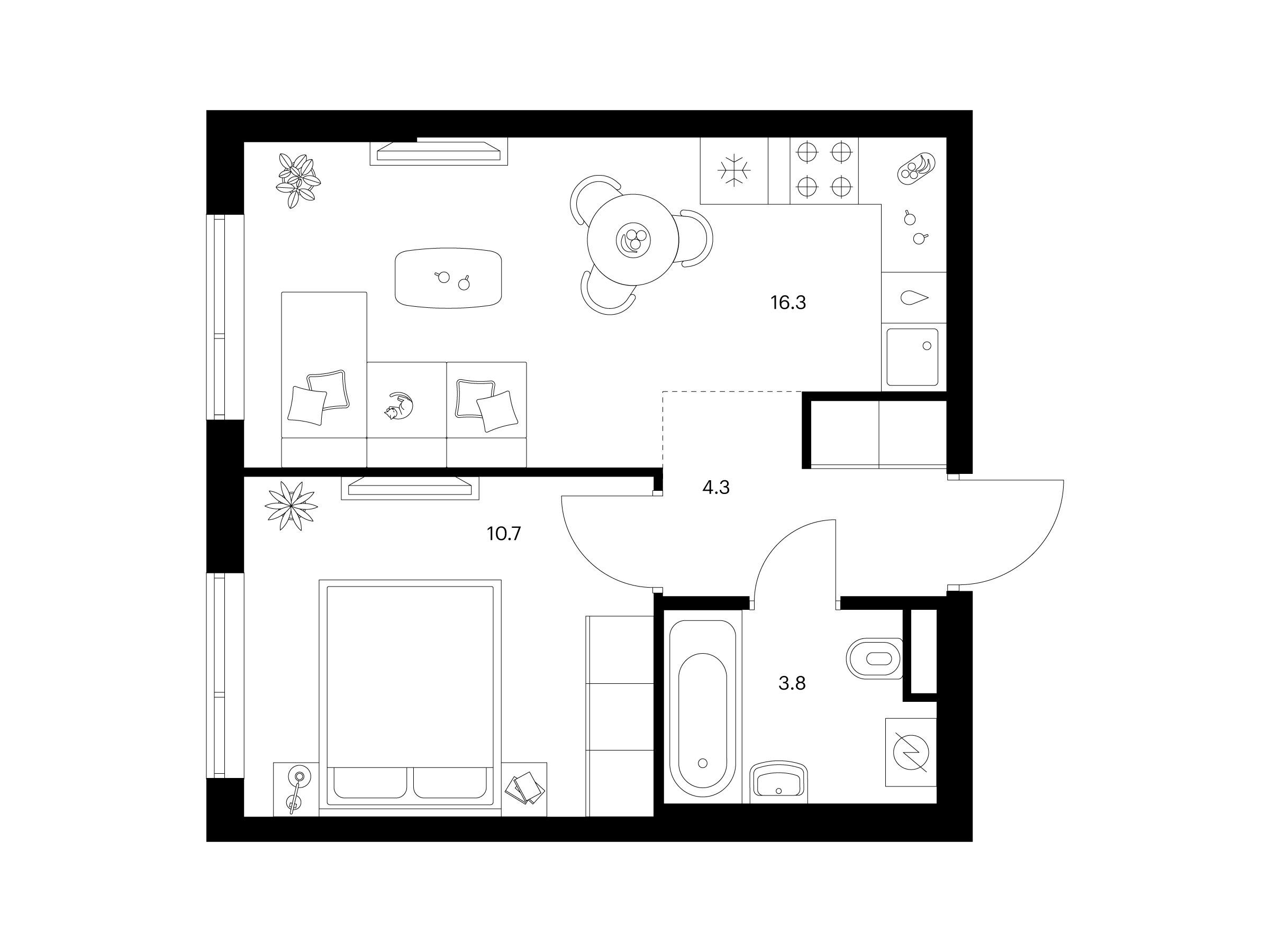 Планировка: 1-комн. квартира 35.10 м² в новостройке Бунинская набережная