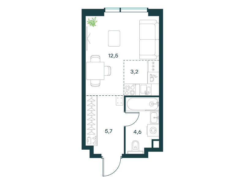 Планировка: Студия 26.00 м² в новостройке Павелецкая Сити