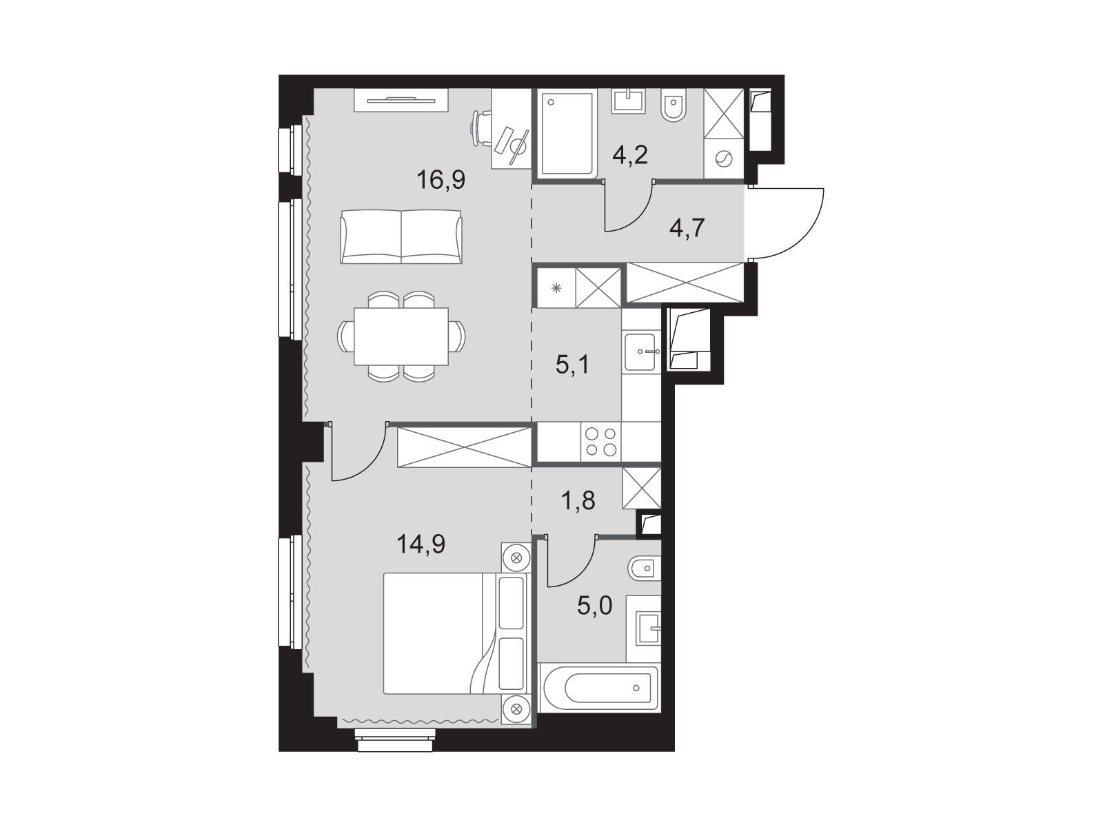 Планировка: 2-комн. квартира 52.60 м² в новостройке Сидней Сити