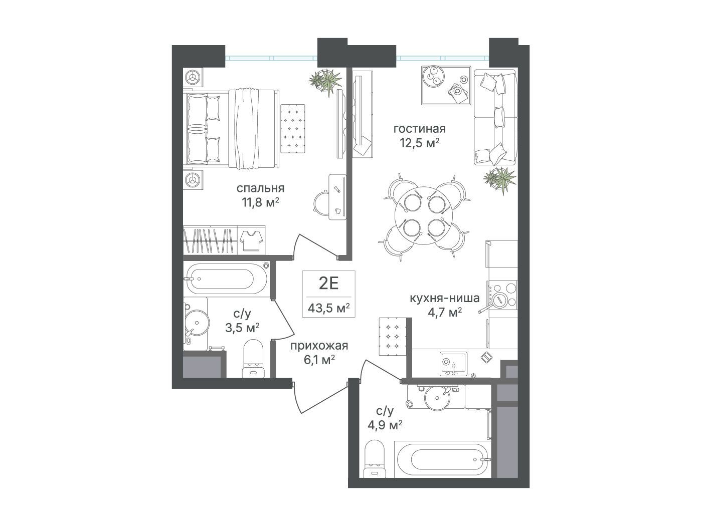 Планировка: 2-комн. квартира 43.50 м² в новостройке ЖК Михалковский