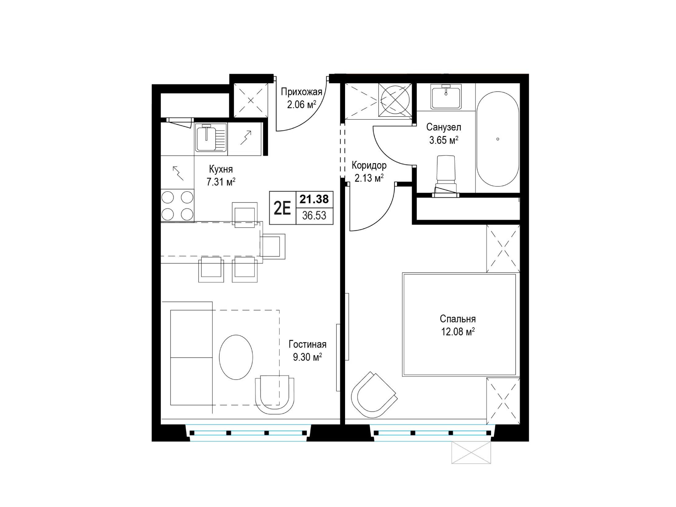 Планировка: 1-комн. квартира 36.40 м² в новостройке У реки Эко Видное 2