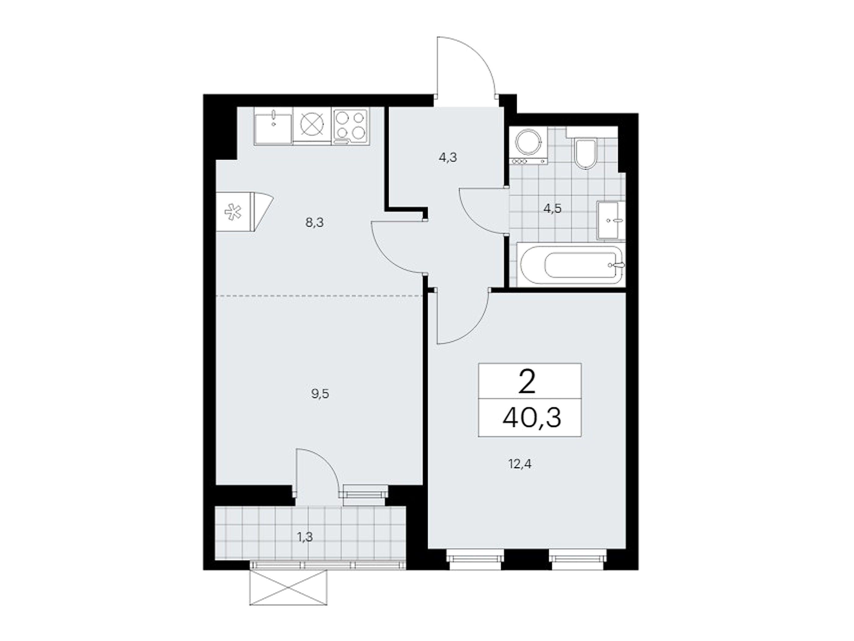 Планировка: 2-комн. квартира 40.40 м² в новостройке Бунинские кварталы