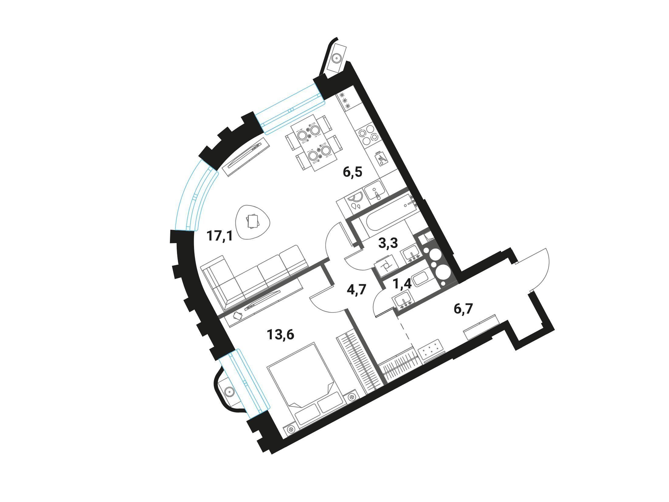 Планировка: 2-комн. квартира 53.30 м² в новостройке ЖК Интеллигент