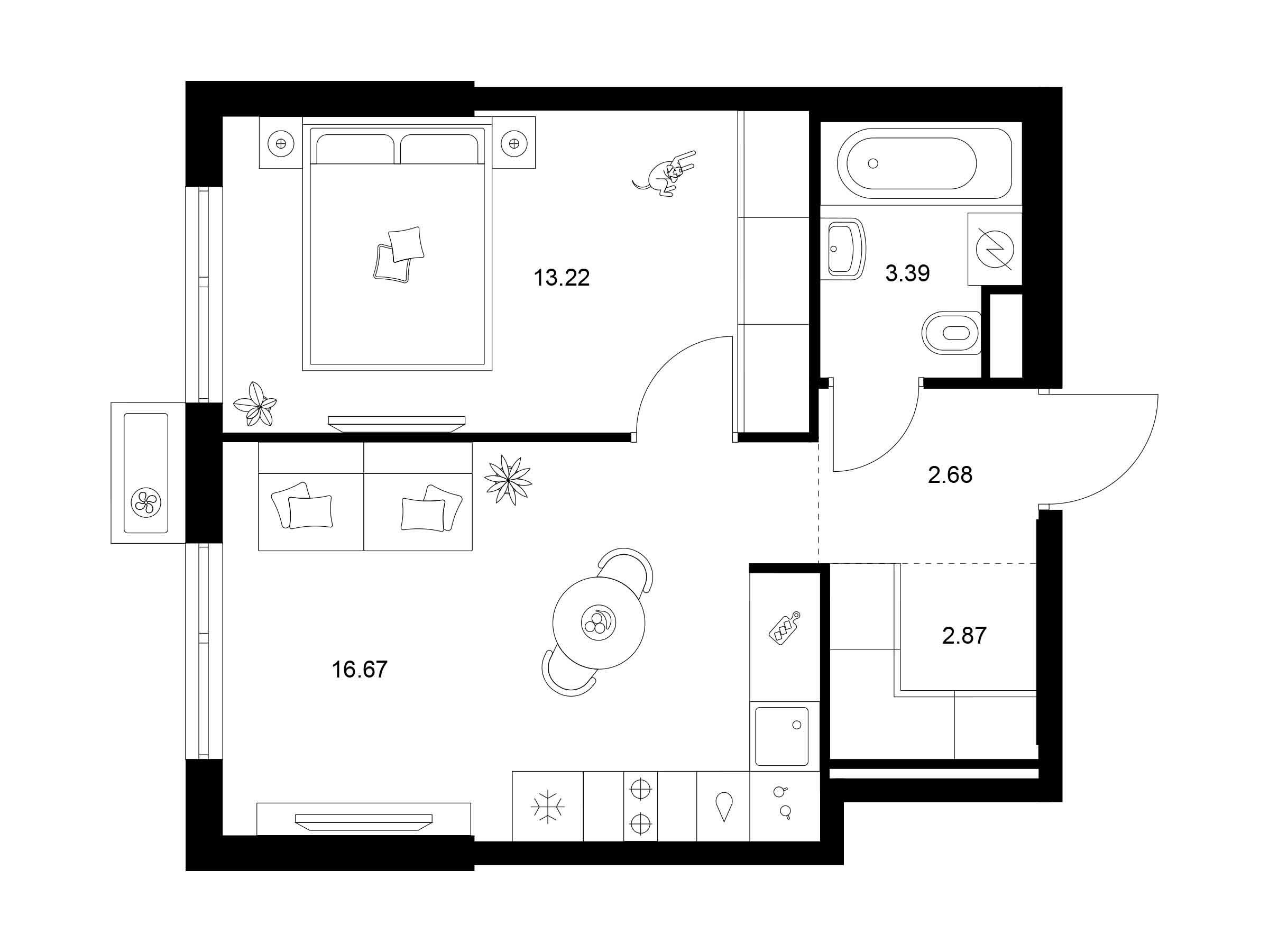 Планировка: 1-комн. квартира 38.83 м² в новостройке Квартал Мит
