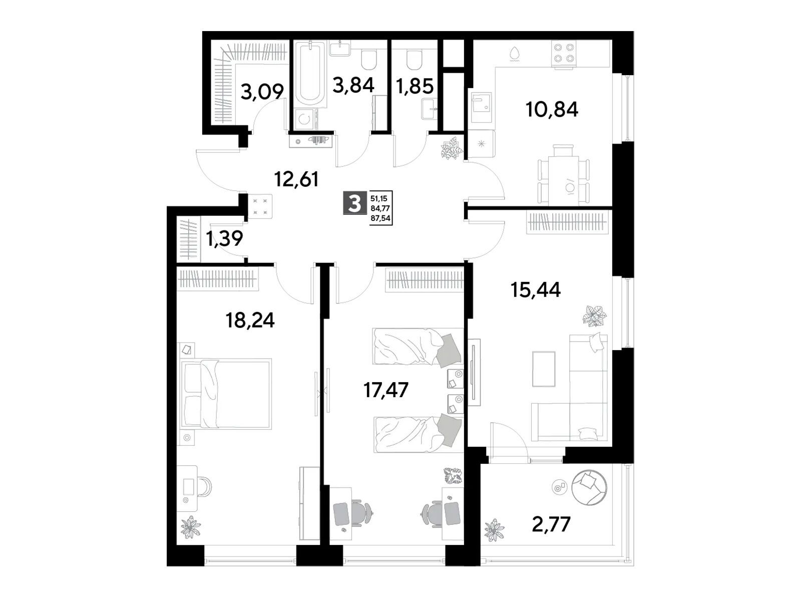 Планировка: 3-комн. квартира 87.54 м² в новостройке Эво