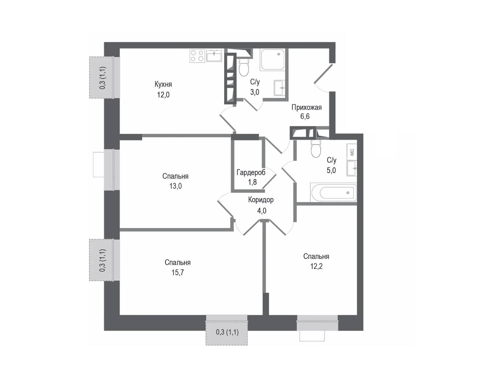 Планировка: 3-комн. квартира 73.30 м² в новостройке Киноквартал