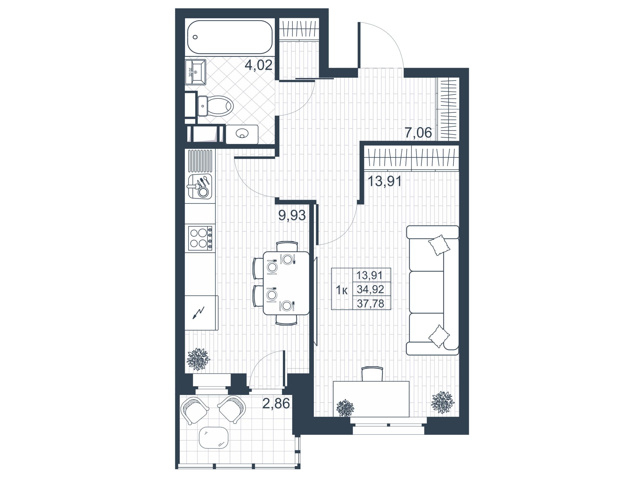 Планировка: 1-комн. квартира 34.70 м² в новостройке Ново-Антропшино