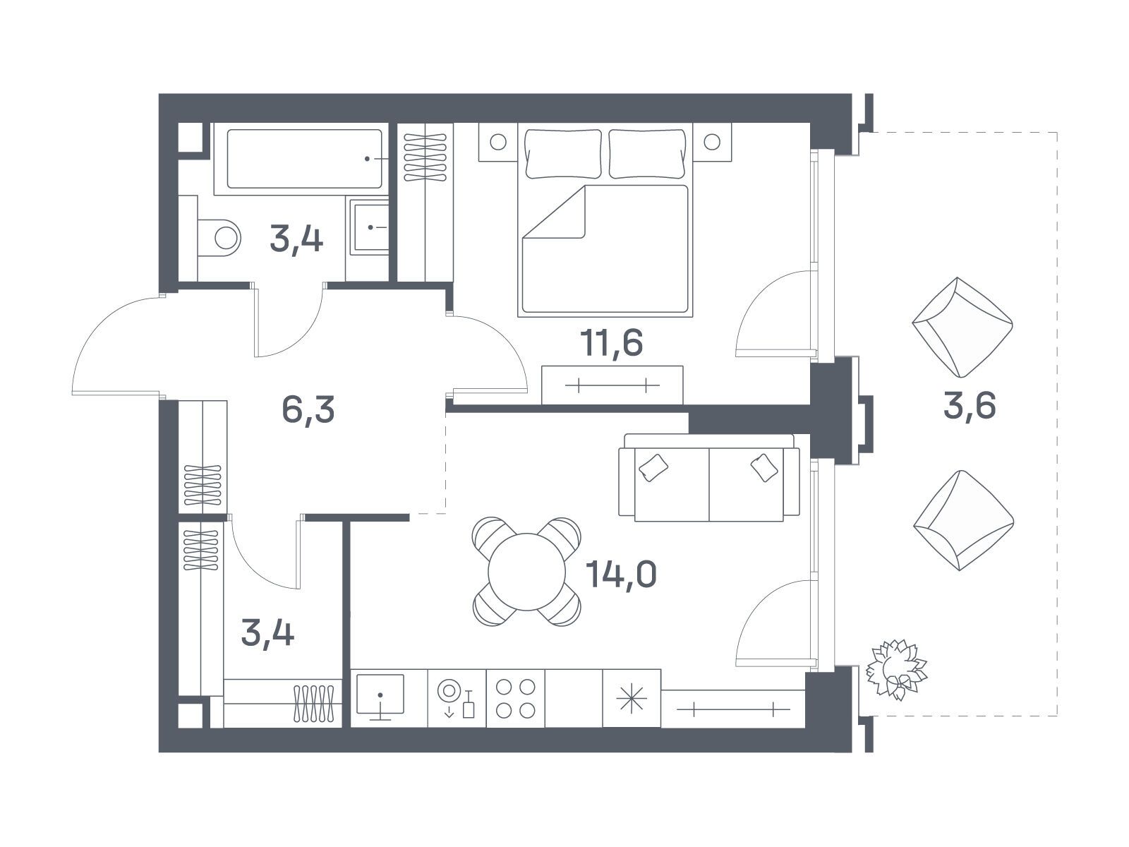 Планировка: 1-комн. квартира 42.40 м² в новостройке Портленд. Дом на берегу