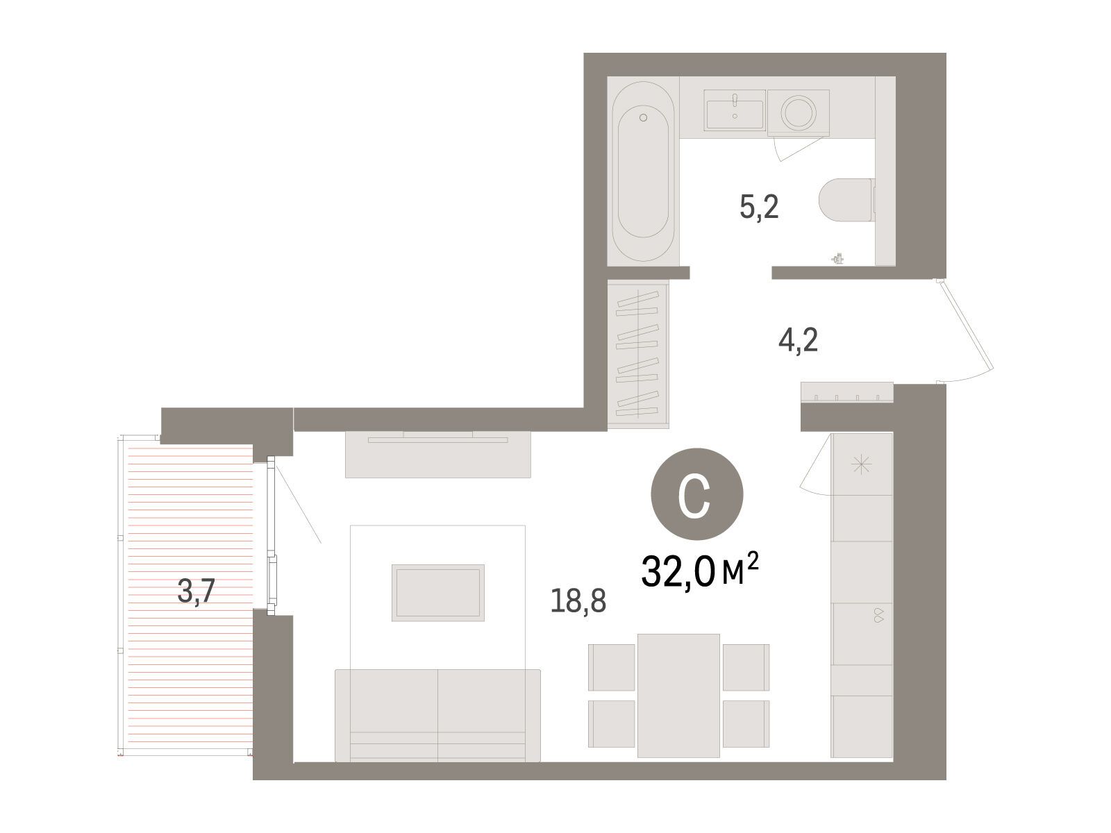 Планировка: Студия 32.00 м² в новостройке Брусника в Новоселье